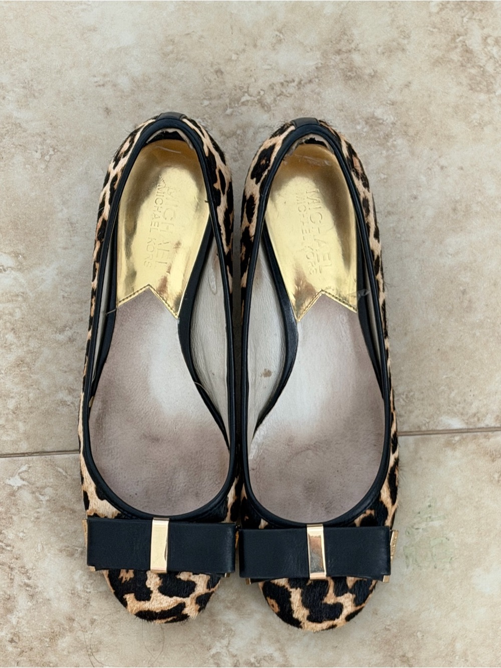 Michael Kors Leopard Print Ballet Flats with Black Bow and Gold Accent